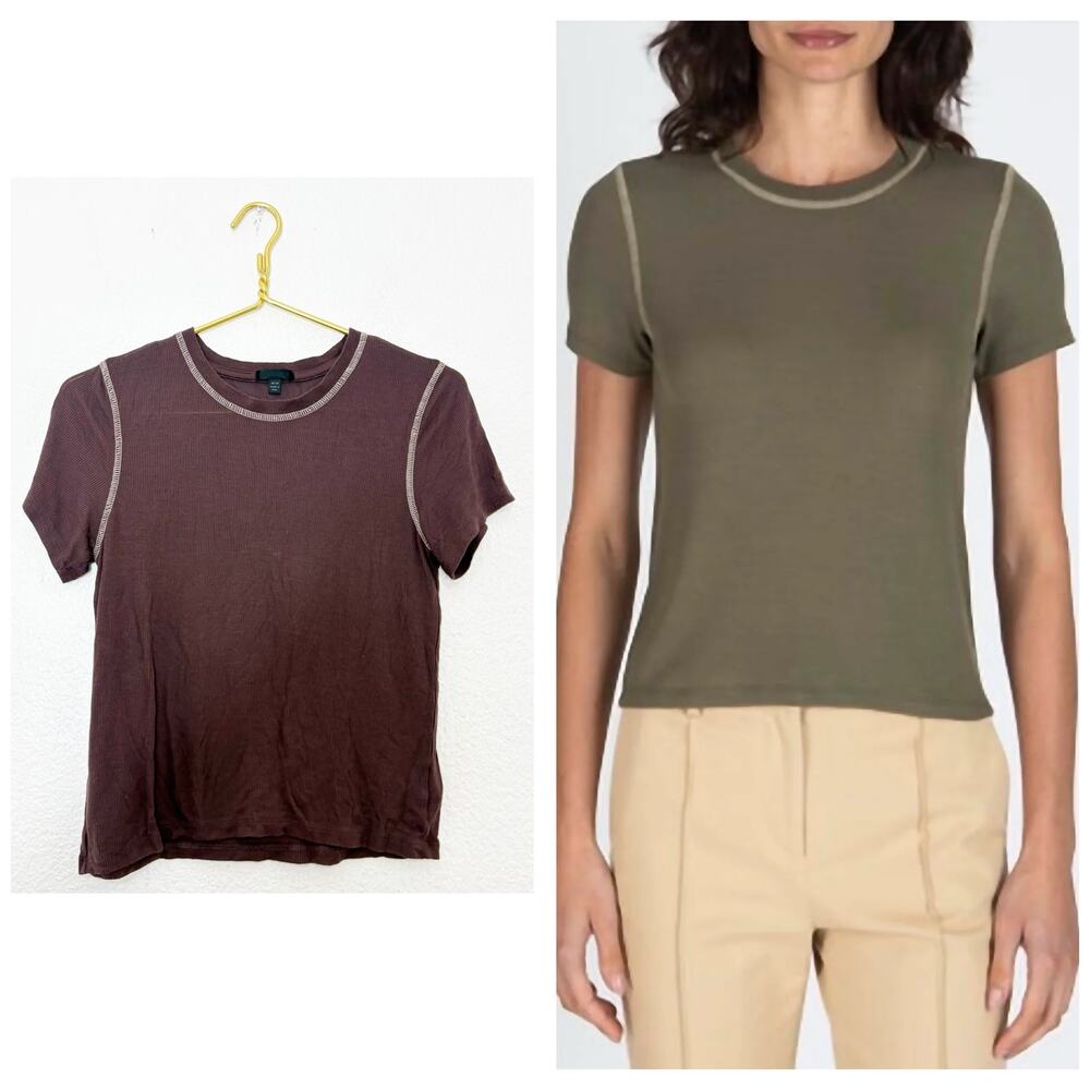 ATM Modal Rib Short Sleeve Crewneck Tee Size Medium Brown Contrast Trim Soft